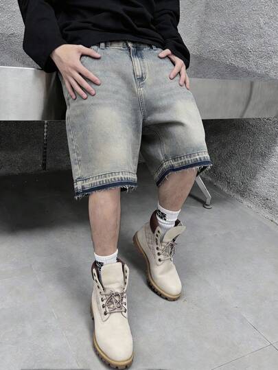 男士做旧水洗牛仔短裤，直筒九分裤，5英寸内缝，毛边裤脚，适合夏季休闲穿着、露营或日常穿着。