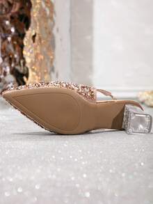 女士尖头水钻装饰透明水晶鞋跟舒适套脚凉鞋,优雅舞鞋,适合婚礼、派对、情人节等场合 - 香檳色 - 查看 4