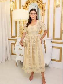 Vestido midi feminino social elegante moda evangélica bordado festa casamento madrinha - Amarelo (estampado) - Visão 2