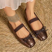 Women's Square Toe Mary Jane Flat Shoes - Versatile & Fashionable, Elegant Style, Soft Rubber Sole And Padded PU Insole - Comfortable For Office And Casual Wear, Suitable For All Seasons, Women's Flats, Slip-On, Solid Glossy Finish - Brown - View 3