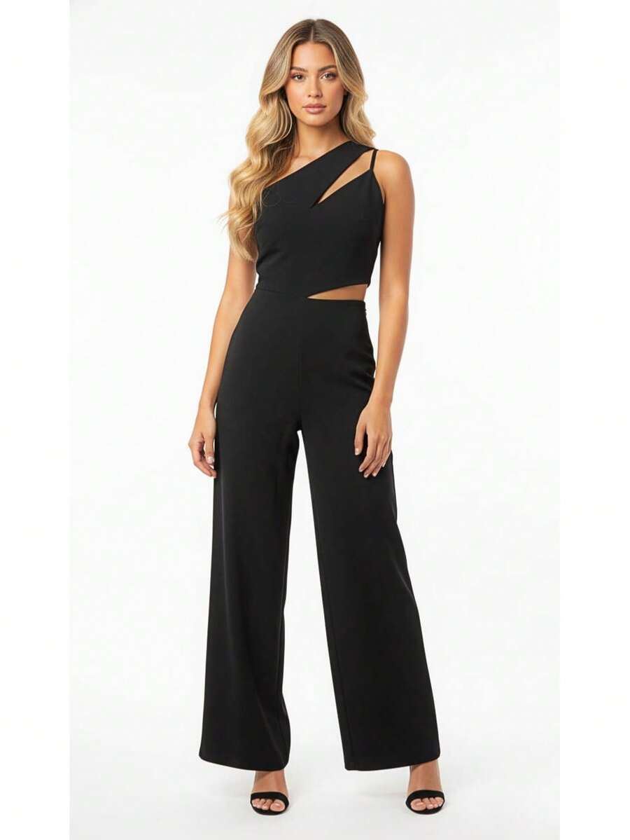 Macação Alfaiataria Feminino Pantalona Longo Elegante Festa Preto - Preto - Visão 1