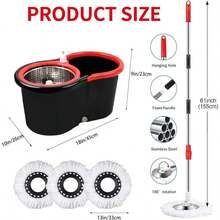 Bucket With Wringer Set, 360° Microfiber Spin Mop With Bucket And 3 Microfiber Mop Heads And 61 Stainless Steel Adjustable Handle Floor Cleaning, Black - 黑色 - 查看 6