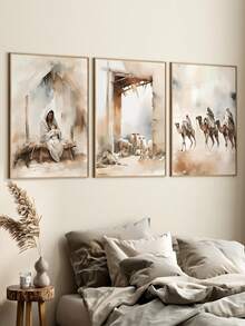 3件套宗教主题墙画，耶稣帆布海报，基督教绘画海报，复古圣经印刷画，教堂海报，适用于卧室、客厅装饰，无框 - 卡其色 - 查看 9