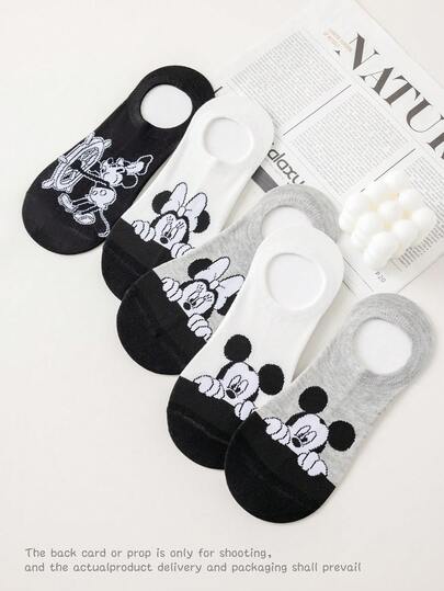 Disney 1/5 Pairs Spring/Summer Women/Men/Couple Ankle Socks, Classic Black/White/Gray Cartoon Mickey Mouse Jacquard Pattern Decoration, Soft & Comfortable Campus Style Invisible Socks, Breathable & Moisture-Wicking Black, Suitable For Daily Wear, Birthday Party, Outdoor Sports, Campus Activities, Holiday Gatherings, Multiple Combinations Available