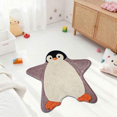 1件卡通企鹅印花地毯/家居装饰地毯/卧室地毯，羊毛般柔软奢华绒面地毯 - 防滑、可机洗、低过敏性、耐用、易于清洁 - 蓬松舒适、温暖时尚、优雅现代风格 - 优质仿羊毛材质，超柔软、质感逼真、动物友好、纯素 - 适用于客厅、卧室、家居装饰