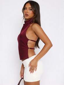 Women's Halter Neck Satin Tank Tops Mock Neck Sleeveless Backless Shirts Solid Color Slim Fit Crop Tops Summer High Neck Vest Camisoles Holiday Beachwear Party Clubwear - 紅色 - 查看 5