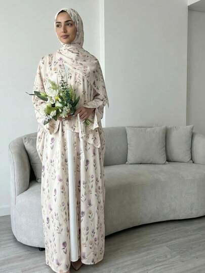 Elegant Women's Floral Print Kaftan Dress, Open Collar And Batwing Sleeves, Non-Stretch Fabric, Comfortable And Lightweight Jalabiya Vacation Spring