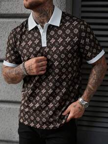 WAIT HIM Men's Casual All-Over Print Contrast Trim Short Sleeve Polo Shirt - Brown - View 3