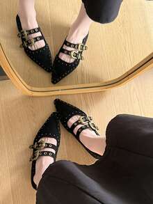 2026 New Black Versatile Color Block Pointed Toe Chunky Heel Pumps, Korean Version Metal Buckle Mid-Heel Mary Jane Shoes For Women - Black - View 6
