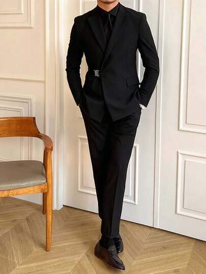 2pcs Men's Slim Fit Stylish Side Metal Buckle Fashionable Black Suit Jacket + Pants, Wedding/Party Formal Wear