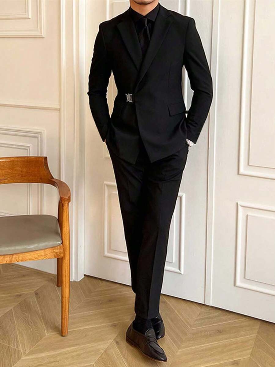 男士修身时尚侧扣黑色西装外套+裤子两件套，适合婚礼/派对等正式场合穿着 - 黑色 - 查看 1
