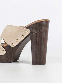 Women's Platform Sandal Heeled Sandals For Women Chunky Heel Summer Dressy Leather Peep Toe Mule Sandals Heel Shoes - 杏色 - 查看 9