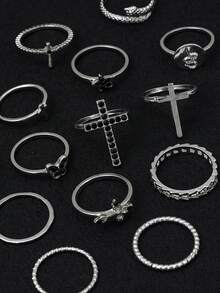 22pcs Vintage Rhinestone Heart, Cross, Snake, Star Stacking Rings Set For Women - Silver - View 4