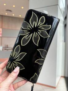 时尚高端复古压花长款女士钱包，优雅皮革雕花手拿包，带手机槽、多卡槽和零钱袋，可爱长款钱包，Fairycore - 黑色 - 查看 3