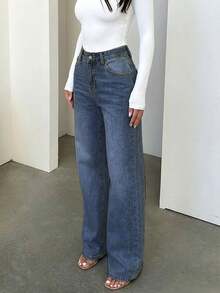 女士复古休闲弹力腰宽松直筒牛仔裤 春季款 - 深色水洗藍 - 查看 2