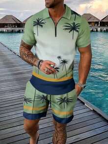 Ensemble 2 pièces pour hommes, printemps/été, couleurs vives : polo à manches courtes imprimé 3D + shorts, tenues confortables - Vert - Voir 1