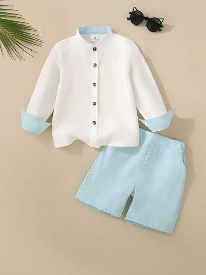 2pcs/Set Young Boy Collared Color Block Long Sleeve Shirt And Solid Shorts Set, Casual Preppy Style Outfit For Spring/Summer