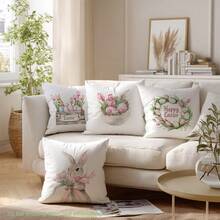 4个单面印花复活节粉色郁金香、复活节彩蛋、兔子图案枕套，尺寸分别为17.7*17.7英寸（45*45厘米）、19.69*19.69英寸（50*50厘米）和15.75*15.75英寸（40*40厘米），适用于日常使用、家居装饰、客厅沙发、卧室、汽车等场所。[不含枕芯] - 彩色 - 查看 7