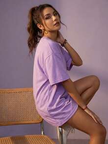Women's Loose Long Solid Color Round Neck Short Sleeve T-Shirt, Minimalist, Suitable For Spring/Summer Everyday Wear Casual - Lilac Purple - View 7