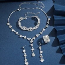 Conjunto com 2 Peças de Bijuteria Elegante ,Brincos, Colar, Pulseira e Anel ,Cristal & Strass Brilhante - Prata - Visão 7