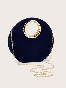 Navy Blue Women's Evening Bag, Fashion Elegant Metallic Handle, Velvet Round Clutch, Suitable For Evening Gown, Weddings, Galas, Parties, Includes Detachable Chain Strap - Navy Blue - View 4