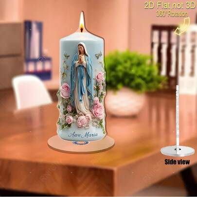 2D平面旋转圣母玛利亚粉色玫瑰亚克力蜡烛摆件 - 360°旋转，浅蓝色高烛台，金色火焰，室内/灵性家居装饰，适用于圣诞节、万圣节、祈祷室 - 2D平面印刷收藏雕像，特殊场合的有意义的礼物，带旋转底座的圣母玛利亚雕像，适用于各种房间的优雅家居装饰