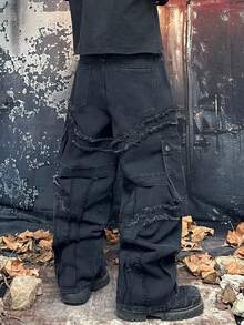 1 chiếc quần jean nam phong cách thành thị cổ điển, chất liệu denim rách, dáng rộng, nhiều túi, thích hợp mặc thường ngày, nhiều size (không bao gồm thắt lưng và phụ kiện) - màu đen - Xem 2