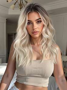 Tóc giả TOPSHE 20 inch màu ombre vàng gợn sóng, độ dài trung bình - Dài ngang vai, rẽ ngôi giữa, sợi tổng hợp chịu nhiệt, tóc giả dành cho nữ, tự nhiên và chân thực, kiểu dáng thanh lịch phù hợp cho sử dụng hàng ngày và các bữa tiệc, năm mới, ngày Valentine. - Tóc vàng ombre - Xem 2