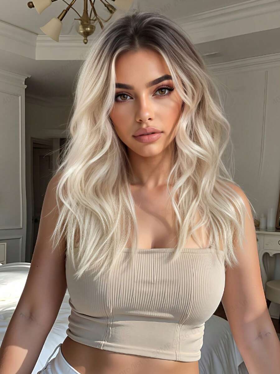 Tóc giả TOPSHE 20 inch màu ombre vàng gợn sóng, độ dài trung bình - Dài ngang vai, rẽ ngôi giữa, sợi tổng hợp chịu nhiệt, tóc giả dành cho nữ, tự nhiên và chân thực, kiểu dáng thanh lịch phù hợp cho sử dụng hàng ngày và các bữa tiệc, năm mới, ngày Valentine.