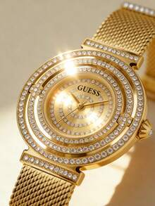 Guess 1件装女士石英表，优雅梦幻，不锈钢表带，水钻表圈，生日、情人节、周年纪念日、派对佩戴的最佳礼物 - GW0550L2 - 金色 - 查看 12