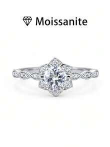 1pc Women's Wedding Ring, Lily Flower Design Ring, 2g 925 Sterling Silver, 1 Carat Moissanite, Bohemian Palace Style, Luxury Engagement/Wedding/Anniversary/Valentine's Day Gift, Comes With Moissanite Certificate And Elegant Gift Box - Silver - View 13