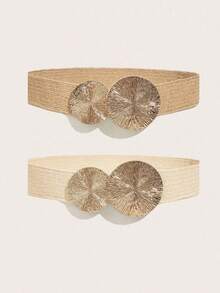2pcs Women's Elastic Waist Belt, Bohemian Waist Belt, BOHO Golden Round Buckle Brown Beige Waist Strap Combination, Matching Skirts, Pants, Shirts, Suitable For Party, Festival, Birthday, Beach Holiday