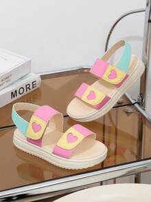 1 Pair Girls' Summer Flat Sandals, Heart Stitching Design, Colorblock, Hook And Loop Closure, Round Toe Slip-On Flats, Suitable For Beach, Vacation, Daily Wear - Multicolor - View 6