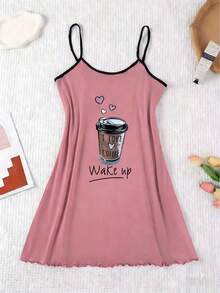 3pcs Valentine's Day Gift Set: Cute Cartoon Print Ruffle Trim Women Knitted Camisole Nightgown Sleepwear Set - Multicolor - View 3