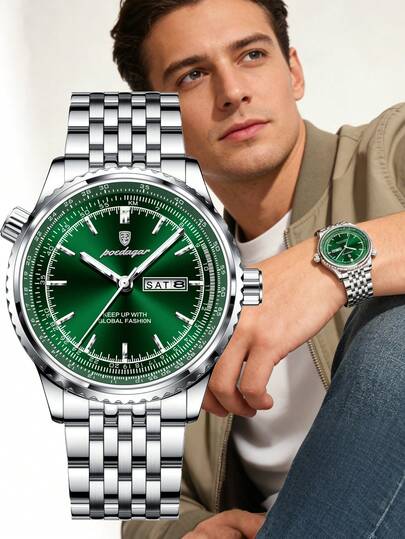 POEDAGAR 1pc Business Stainless Steel Watches For Men, Elegant Calendar Quartz Men's Wristwatch With Waterproof Luminous Funtion, Luxury Casual Watch Suitable For Daily Occasions, Men Gifts