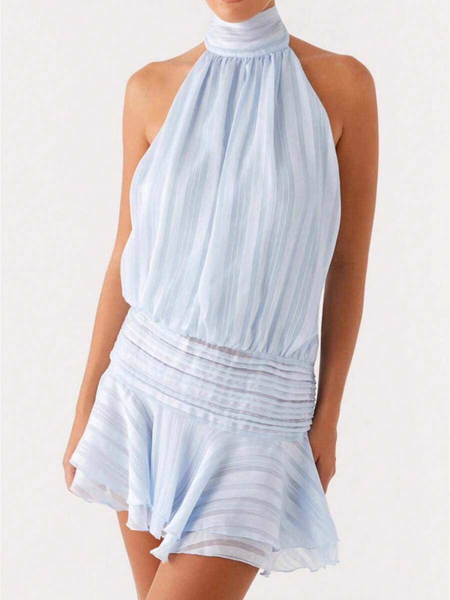 Women Chiffon Mini Halter Neck Dress Pleated Sleeveless Open Back A-Line Layered Ruffle Short Dress Vacation Club Party Wear - 藍色 - 查看 1