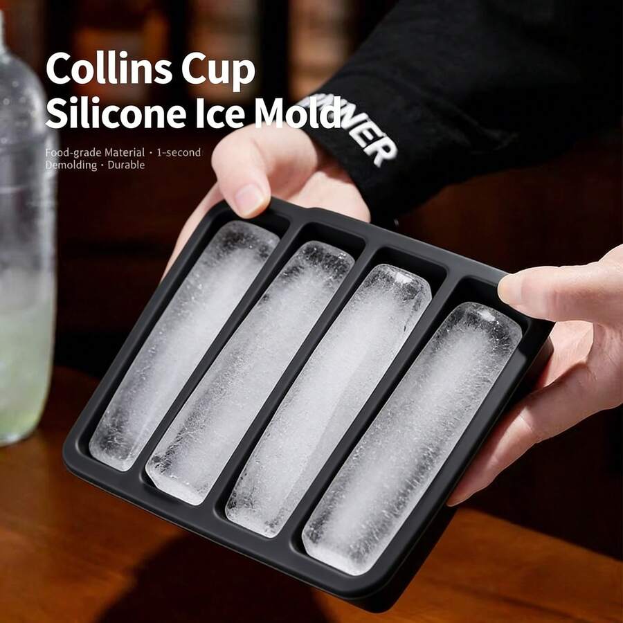 Large Ice Cube Mold, Silicone Ice Tray, Ice Pop Maker, Bar Whiskey Cocktail Collins Ice Cube Tray With Lid - Black  Silicone Ice Cube Tray - 4 Compartments - View 1