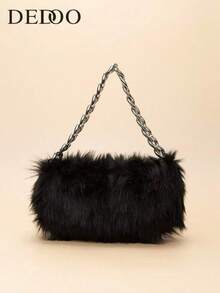 Minimalist Chain Fuzzy Shoulder Bag - 黑色 - 查看 1