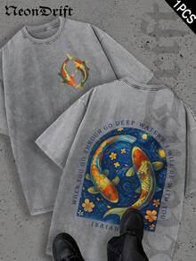 Men's T-Shirt, Double-Sided Printing Men's Retro Distressed T-Shirt, Pure Cotton Material, Ideal Gift For Halloween, Thanksgiving And Christmas, Unisex Style Men's Koi Fish T-Shirt With Deep Water Artwork Japanese Inspired Design Relaxed Fit Casual Wear For Nature Lovers Zen Style Streetwear Fashion  Graphic Tee - 灰色 - 查看 1