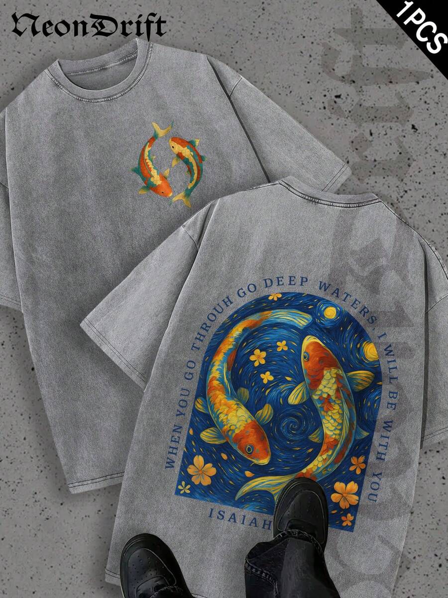 Men's T-Shirt, Double-Sided Printing Men's Retro Distressed T-Shirt, Pure Cotton Material, Ideal Gift For Halloween, Thanksgiving And Christmas, Unisex Style Men's Koi Fish T-Shirt With Deep Water Artwork Japanese Inspired Design Relaxed Fit Casual Wear For Nature Lovers Zen Style Streetwear Fashion  Graphic Tee - 灰色 - 查看 1