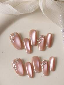 10pcs Press On Nails Short Acrylic Nail Kit Pink Nails Cat's Eye Explosive Flash Diamond Fake Nails Short Office DailyWear False Nails Artificial Nails Kit Includes 1sheet Adhesive Tabs &1 Pc Mini File - Multicolor - View 1