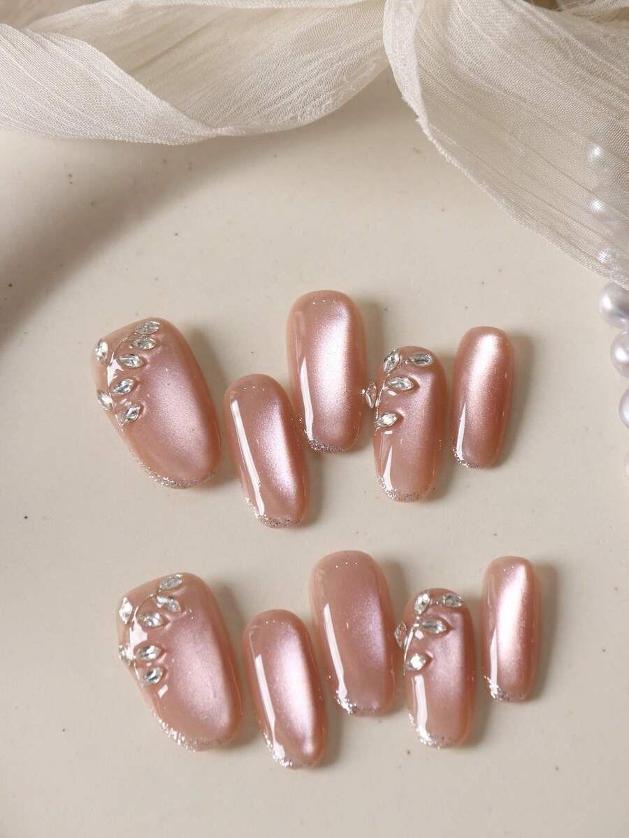 10pcs Press On Nails Short Acrylic Nail Kit Pink Nails Cat's Eye Explosive Flash Diamond Fake Nails Short Office DailyWear False Nails Artificial Nails Kit Includes 1sheet Adhesive Tabs &1 Pc Mini File - Multicolor - View 1