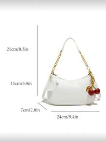 新款时尚经典多功能PU防水材质，饰以字母图案，纯色新月形单肩包，链条单肩/腋下包，樱桃吊坠装饰，时尚女士单肩包，商务通勤包，轻便，适合购物和聚会，易于携带。 - 白色 - 查看 6