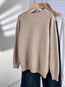 V-Neck Loose Knit Sweater, Soft & Relaxed All-Match Style, Versatile For Spring/Autumn Daily Wear & Commuting - Khaki - View 6