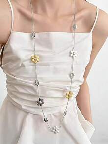 1pc Elegant High-End Unique Retro Fashionable Personalized Faux Pearl Flower Shell Beaded Long Necklace, Versatile For Daily Wear And Festive Occasions