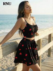 RNU 女士情人节假日休闲套装，荷叶边蝴蝶结可爱优雅弹力腰A字裙，性感派对、泳池派对、约会、假日、旅行装、休闲服、生日套装、婚礼宾客、狂欢节派对、新年优雅套装，心形印花吊带背心和迷你裙两件套 - 黑色 - 查看 7