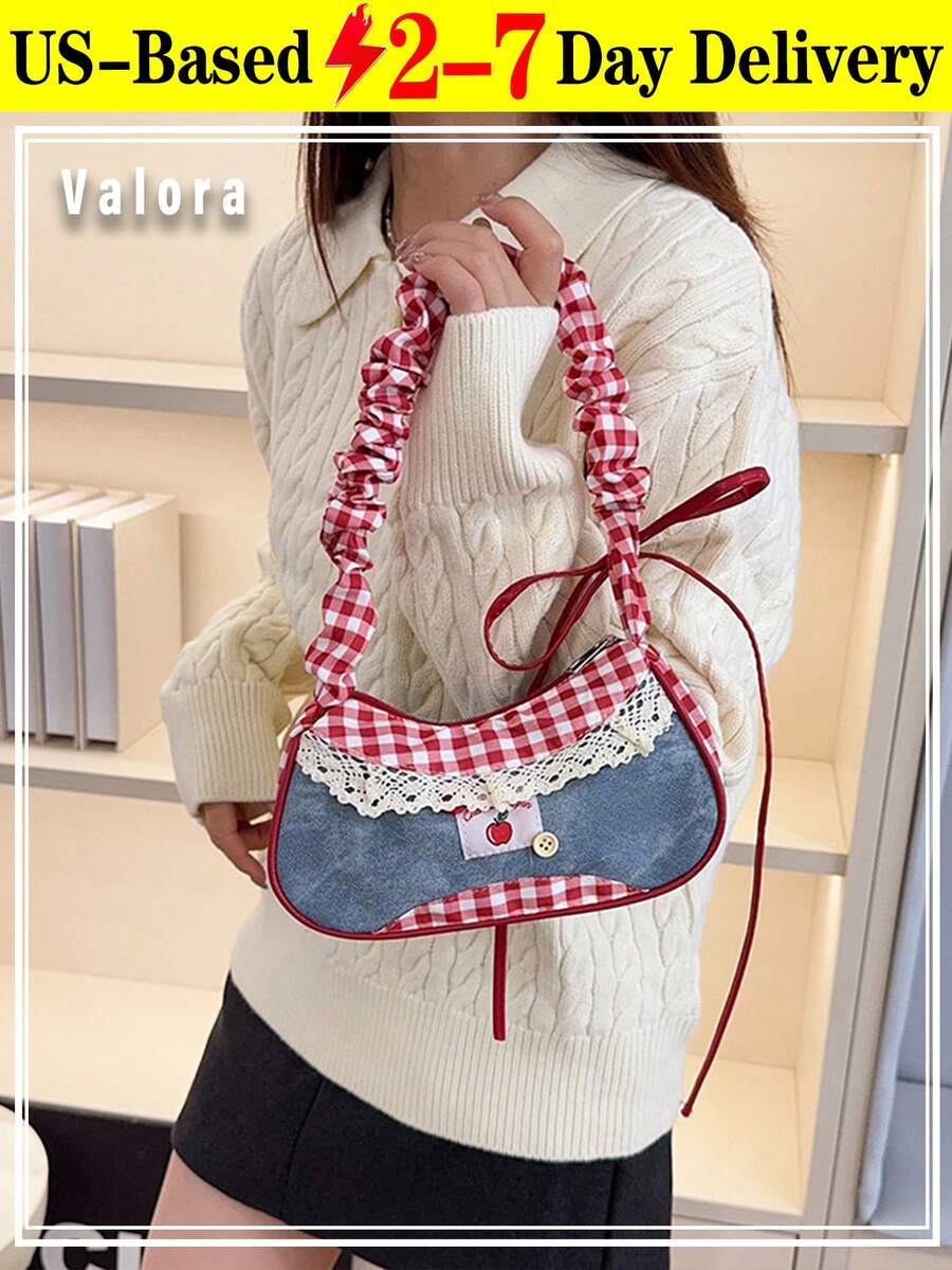 Cute Plaid Shoulder Bag For Women, Stylish Crossbody Bag With Lace And Denim Design, Korean Fashion Kawaii Mini Handbag , Small Square Purse For Commuting Soft Shoulder Strap  Birthday Gift Valentine's Day Gift - 彩色 - 查看 1
