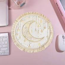 1/4/6pcs Middle East Festival Series Golden Crescent Moon With Vine Patterns & Hanging Golden Stars, Paired With Golden & Yellow Spots Linen Printed Tassel Placemats/Coasters, Elegant Ramadan Moonlight Round Placemats/Coasters, Polyester With Floral Border, Hand Washable - Ideal For Dining Tables - Multicolor - View 7