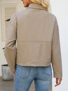 女士短款衬衫式外套，正面带纽扣口袋，翻领长袖，略带弹力梭织面料 - 卡其色 - 查看 2