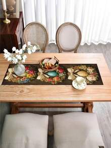 1pc Easter Table Runner With Floral Wreath And Rabbit Patterns | Elegant Polyester Printed Tablecloth For Spring/Summer, Ideal For Family Gatherings, Festive Decorations, And Hotel Displays - Camel - View 4